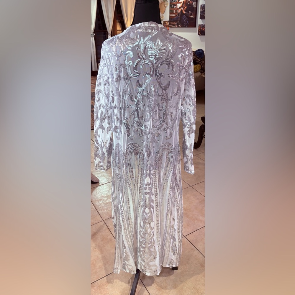 Elegant Silver and White Sheer Long DUSTER